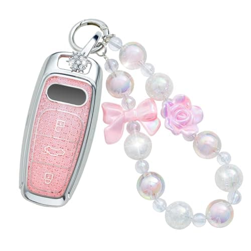 XUPEIXUN for Audi Key Fob Cover with Keychain, Pink TPU Key Case Protection Shell Compatible with A6L A6 A7 A8 Q7 Q8 E-Tron 2018-2022 A3 S3 S6 SQ7 RS6 S7 RS7 Bling Car Accessories