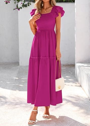 KIRUNDO Smocked Summer Dresses for Women 2026 Wedding Guest Midi Flowy Ruffle Short Sleeve Square Neck Tiered Sundress(Rose Red, XX-Large) - Thumbnail 4