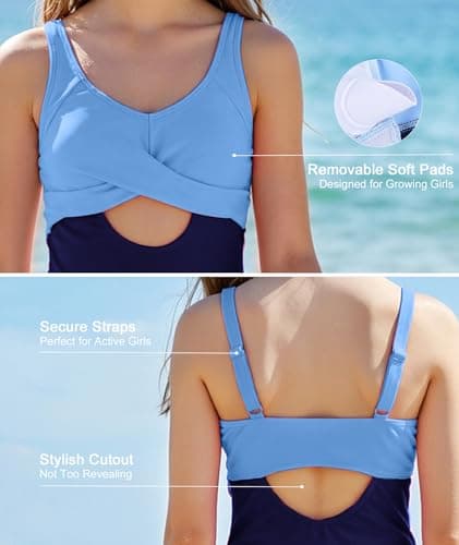 MFAVIP Girls One Piece Swimsuits Teen Bathing Suit Blue Ruffle Swim Dress Adjustable Straps Size 9-16 - Thumbnail 5