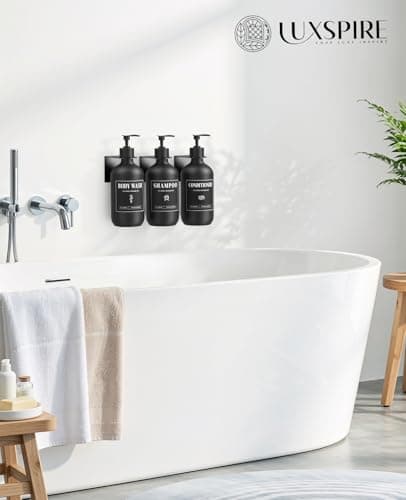 Luxspire Shampoo and Conditioner Bottles, 500ml Shampoo and Conditioner Dispenser, Shower Soap Dispenser Wall Mounted Plastic Bottles Bamboo Pump, Black 3 Sets for Bathroom, Shower Wall and Hotel - Thumbnail 6