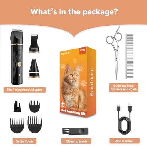 Bautrium Cat Grooming Clippers Kit with Paw Trimmer, 3 in 1 Electric Pet Hair Trimmer Supplies for Thick Matted Hair, Heavy Coat Butt Shaver Cat Razor Fur Trimmer for Dogs at Home (Black) - Thumbnail 6