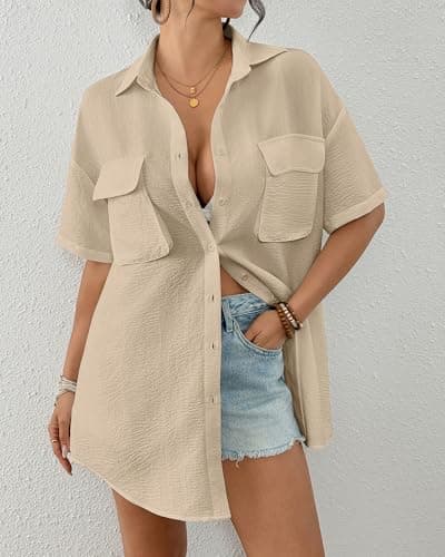 Bsubseach Womens Swimsuit Coverup Blouse Short Sleeve Button Down Shirt Dress Bathing Suit Cover Ups Beach Vacation Outfits Khaki L - Thumbnail 4