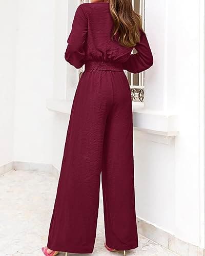 PRETTYGARDEN Women's 2 Piece Outfits 2026 Spring Fashion V Neck Long Sleeve Strappy Crop Top Wide Leg Pant Lounge Sets(Wine Red,X-Large) - Thumbnail 5