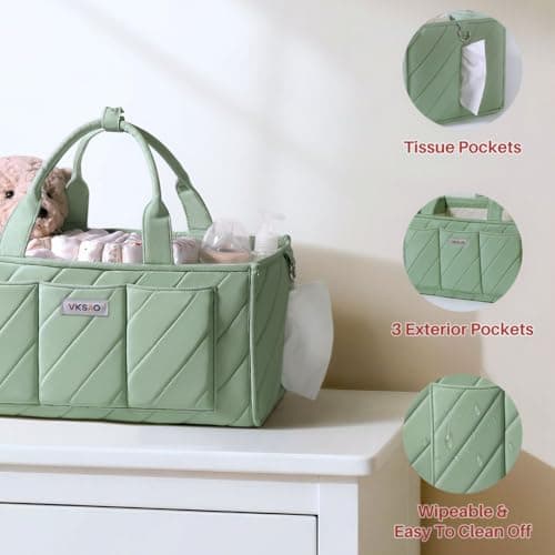 VKSAO Baby Essentials Diaper Caddy Organizer – Portable Storage Basket with Shoulder Strap & Stroller Hooks, Splashproof Quilted Nursery & Car Tote, Gender Neutral Gifts for Baby Shower, Sage Green - Thumbnail 6