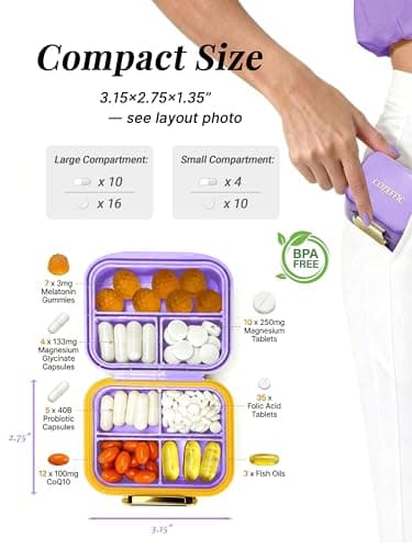 Small Pill Case Travel Pill Box with 7 Compartments for Purse - Compact Pill Organizer for Medicine Vitamin - Portable Container for Fish Oil & Supplements - Lavender - Thumbnail 2