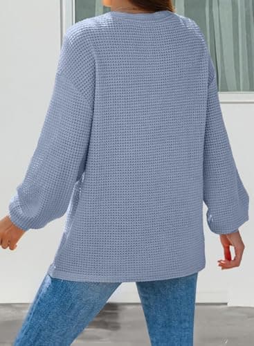 Dokotoo Spring Tops for Women 2026 Casual V Neck Long Lantern Sleeve Blue Waffle Knit Blouse Fashion Button Down Shirts Loose Fit Boyfriends Oversized Spring Clothes Medium - Thumbnail 2