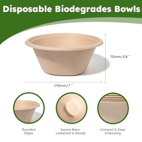 JYTIDYRA Paper Bowls, 32 Oz Disposable Bowls [100 Pack] Heavy Duty Compostable Deep Disposable Soup Bowls, Eco-friendly Biodegradable Bagasse Hot Cold Microwavable Bowls for Salad, Cereals, Dessert - Thumbnail 2