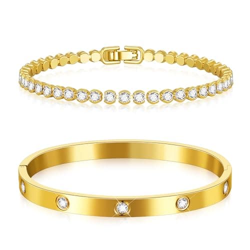 Howoo 14K Gold Plated Bracelets for Women Gold Bangle Zirconia Tennis Bracelet Mesh Link Snake Chain Bracelets Jewelry Set - Image 1