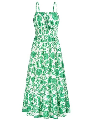 GRACE KARIN Summer Dresses for Women 2026 Vacation,Smocked Floral Maxi Dresses,Boho Beach Long Sundress Green Floral XXL - Image 1