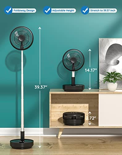 Primevolve Portable Fan, |21H Battery|7200mAh Rechargeable Oscillating Fan with Remote, Foldable Telescopic 7.7" for Travel Camping Cruise Hotel Bedroom, Black - Thumbnail 2