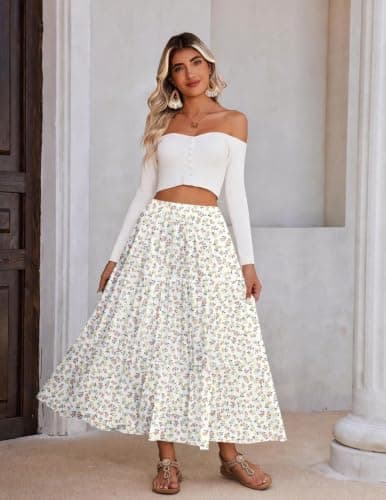 Zeagoo Womens Summer Maxi Skirt Trendy High Waist Pleated Ruffle Long Skirts Flowy Beach Boho Skirt Dress with Pockets M - Thumbnail 5