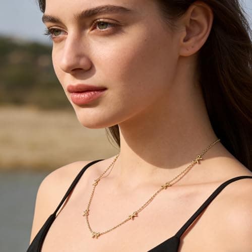 BOLAGTIER Dainty 7-Bow Necklace: 14K Gold Plated Minimalist Adjustable 17.7”+2” Stainless Steel Choker | Trendy Ribbon-Inspired Design, Simple Chain Jewelry Gift for Women (Gold) - Thumbnail 3