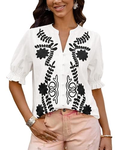BTFBM Women's 2026 Spring Tops Casual Floral Boho V Neck Puff Short Sleeve Button Down Shirts Embroidered Blouses Tunic(Floral White Black, XX-Large) - Image 1