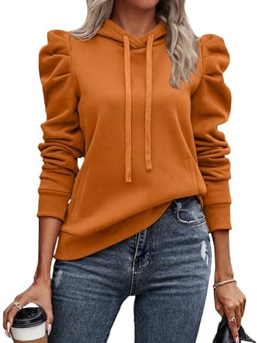 UEAL Womens Sweatshirts 2025 Trendy Puff Sleeve Drawstring Pullover Hoodies Fall Fashion Outfits Tops Clothes Medium Coffee - Image 1