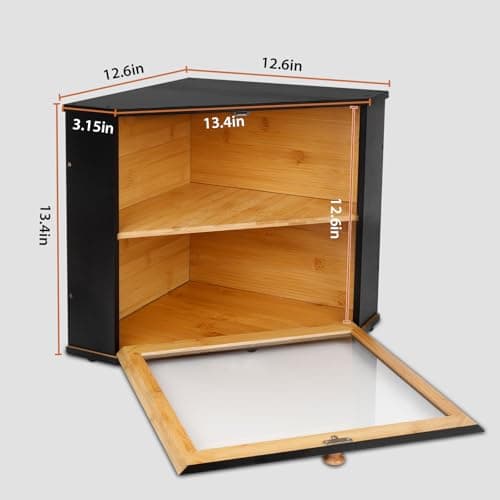 Bamboo Corner Bread Box for Kitchen Countertop - Double Layer Bread Storage with Clear Window, Black Wooden Bread Keeper Organizer for Homemade Bread, Under Cabinet Mount, Fits Countertop & Pantry - Thumbnail 3