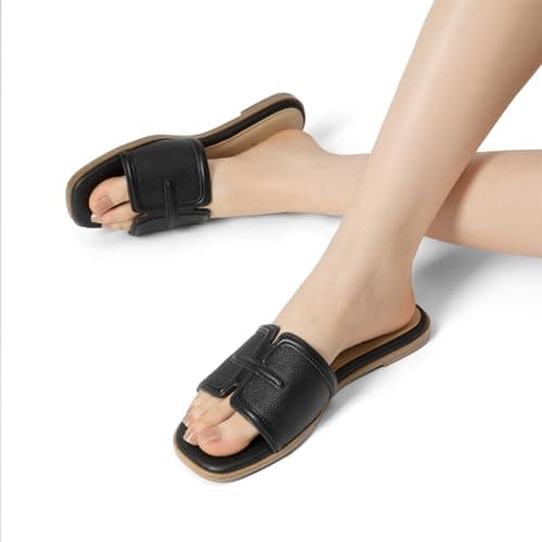 Athlefit Black Flat Sandals for Women Dressy Square Open Toe Comfortable Slip On Summer Beach Slide Sandals Size 10 - Thumbnail 2