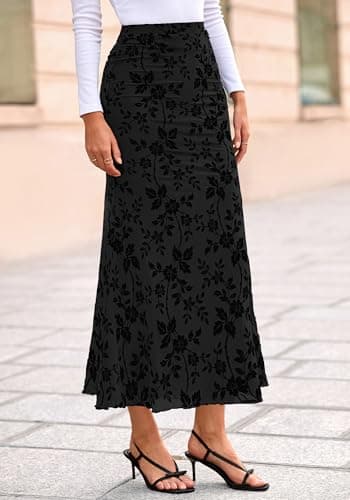 BTFBM Womens Floral Mesh Maxi Skirt 2026 Spring Summer Elastic High Waisted Boho Elegant Mermaid Long Skirts for Women(Black, X-Small) - Thumbnail 5