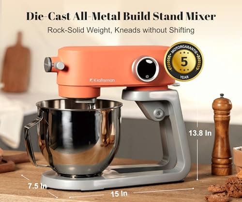 Kraftsman All-Metal Stand Mixer 5.3-Quart - Professional Kitchen Electric Food Mixer with Stainless Steel Mixing Bowl & Attachments for Baking, Dough & Cake, 8-Speed Control & Timer (Orange) - Thumbnail 3