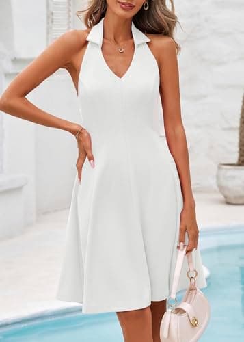 Lazysmile Summer Dresses for Women Sleeveless Halter Lapel V Neck Backless A Line Formal Cocktail Party Short Dress White - Thumbnail 3