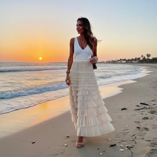 Mincib Womens Long Tulle Skirt A Line Ruffle Tiered Layered Skirts High Waisted Flowy Fairy Maxi Skirts (Beige,S) - Thumbnail 3