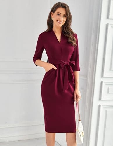 Office Dresses V Neck 3/4 Sleeve Church Dresses for Women Midi Pencil Dress L Burgundy - Thumbnail 2