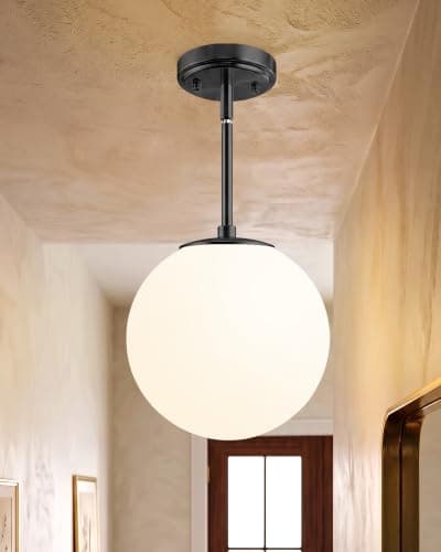 Majade Globe Pendant Lights Kitchen Island Mid Century Modern Pendant Light Fixtures 2 Pack 7.4 Inch Black Ceiling Lighting with Milk White Glass Shade Adjustable Hanging Light for Dining Room - Image 1