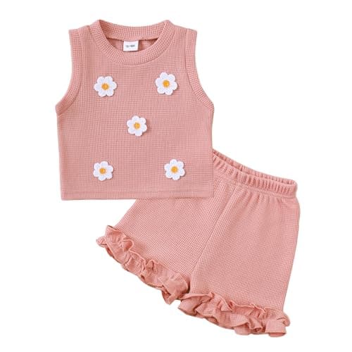 Kislio Toddler Baby Girl Outfits Floral Summer Clothes Waffle Sleeveless Tops Ruffle Shorts Cute Infant Spring Clothes Set - Image 1