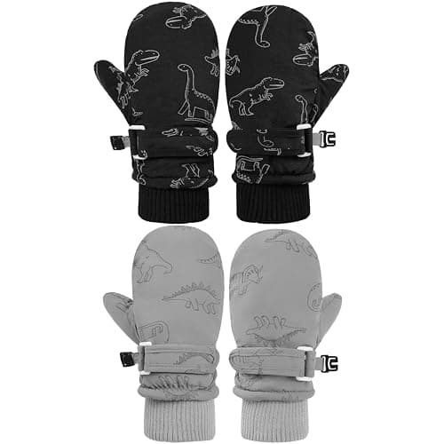 Urban Virgin Toddler Waterproof Snow Glove Infant Baby Winter Mittens Cuffed Warm Fleeced Kids Snow Gloves Black Dino&Grey Dino S(3Months-3T) - Image 1