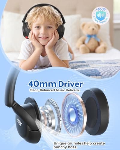 Acer Kids Bluetooth Headphones, 85dB Volume Limiter, Foldable Wireless Over-Ear Headphones for iPad, Travel, 75H Playtime, Bluetooth 5.4, Built-in Mic, Black - Thumbnail 2