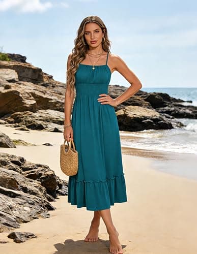 GRACE KARIN 2026 Summer Maxi Dresses for Women, Smocked Spaghetti Strap Long Dress, Flowy Boho Beach Sundress Teal S - Thumbnail 3