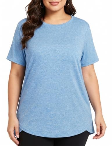 Hithymo Long Workout Shirts for Women, 5XL Plus Size Tshirts Loose Fit Short Sleeve Crewneck Tunic Length Yoga Tops Fast Dry Lightweight Breathable Sweat-Wicking Activewear Blue - Image 1