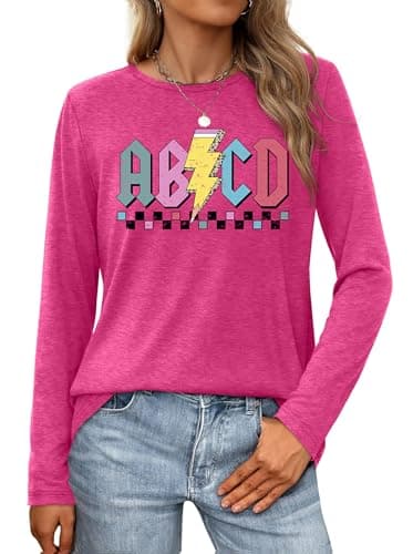 PICKID Teacher Shirts for Women: ABCD Teacher T-Shirt Alphabet Graphic Tshirt Casual Long Sleeve Fall Tops Rose - Image 1