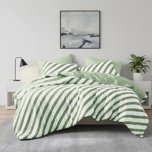 Reversible Striped Full Comforter Set-Bed in A Bag 7-Pieces Bedding Set with Double-sided Stripes Design-Warm & Cozy Bed Set Includes Full Size Comforter, Sheets Set, Pillowcases and Shams, Sage Green - Image 1