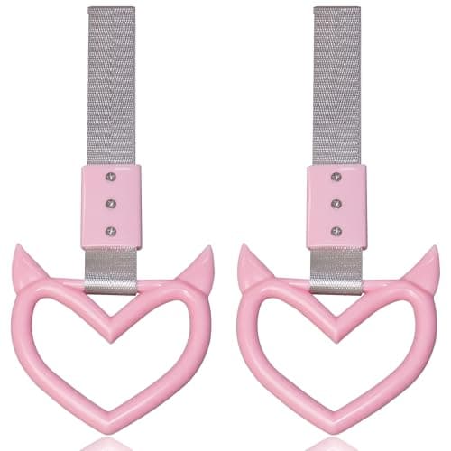 2 PCS JDM Car Accessories, Heart Handle Strap Drift Charm, Hang Ring Decorations Exterior Keychain for Car (Pink Devil Style)