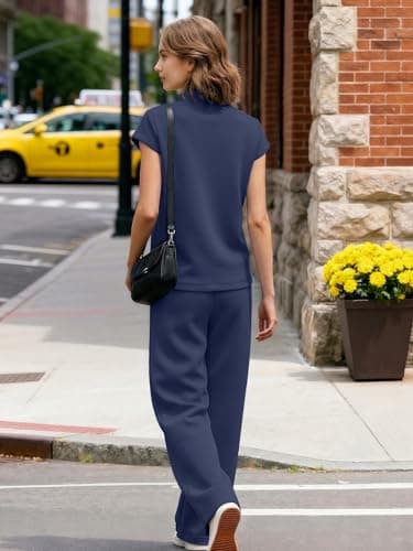 Casly Lamiit Womens Two Piece Outfits Mock Neck Airport Travel Outfits Matching Pants Set Casual Beach Outfit Lounge Beach Wear Navy Blue XS - Thumbnail 4