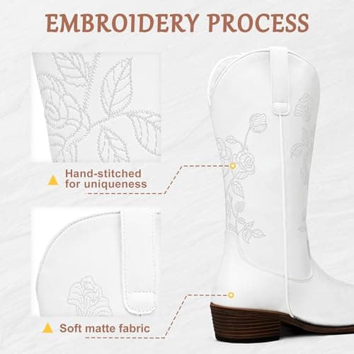 Jeossy Women's White Western Cowboy Boots Mid Calf Embroidery Flower Cowgirl Boots with Low Heel Side Zipper 9807 Comfy Round Toe Country Music Festival Music Rodeo, Size 10(DJY9807 White 10) - Thumbnail 4