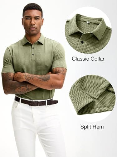 JEMLDL Men's Jacquard Polo Shirts Super Stretch Breathable Short Sleeve Performance Dry Fit Golf Shirts Olive L - Thumbnail 6