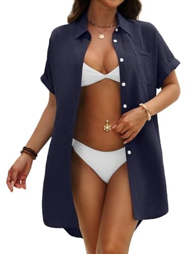 GKBK Women Swimsuit Coverup Shirt Dress Button Down Bathing Suit Cover Up Beachwear Navy Blue S - Thumbnail 5