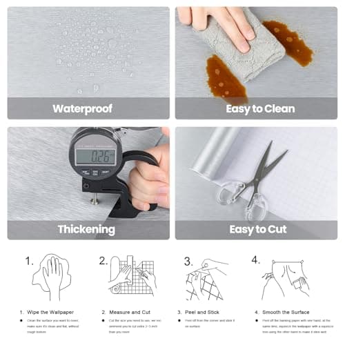 Silver Contact Paper Peel and Stick Stainless Steel Wallpaper for Metallic Fridge Appliances Vinyl Thick Heat Resistan Self-Adhesive Waterproof Wallpaper for Kitchen Dishwasher Cover 15.7" X 78.7" - Thumbnail 5
