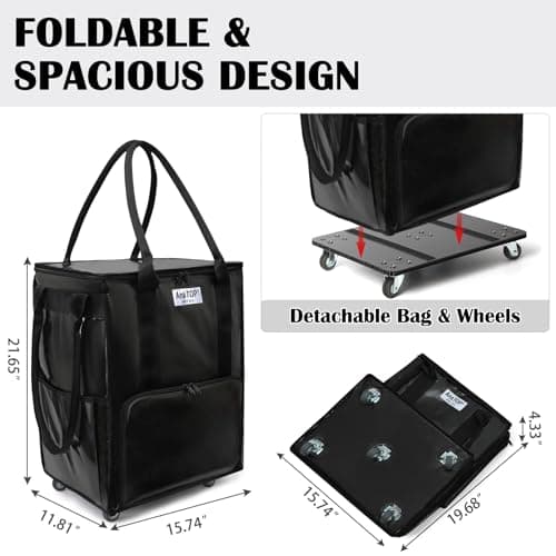 AnsTOP Reusable Grocery Bag on Wheels, 66LBS Foldable Shopping Cart with 5 Smooth Caster Wheels Zippered Top, Rolling Tote with Multiple Pockets for Groceries, Laundry, Travel, Camping,Medium,Black - Thumbnail 5