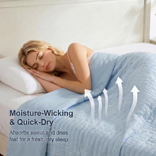 Fuzzysense Cooling Comforter Queen Size – Q-Max 0.4 Seersucker Reversible Cooling Blanket, Lightweight Breathable Summer Quilt for Hot Sleepers & Night Sweats, Ice Blue - Thumbnail 5
