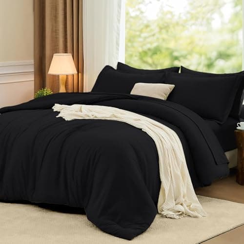 FUANNA Queen Comforter Set Black, 7 Pieces Soft Bedding Sets Queen Size, All Season Lightweight Bed in a Bag with Comforter, Flat Sheet, Fitted Sheet, Pillowcases & Shams - Image 1