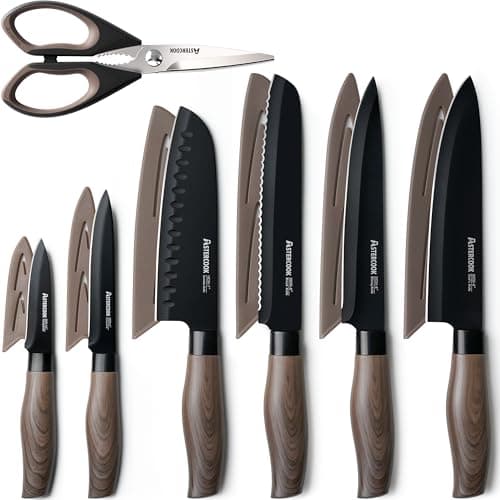Astercook 13-Piece Kitchen Knife Set with Black Anti-Rust Coating, Dishwasher Safe, Stainless Steel Chef Knives Set with 6 Blade Guards, Wood Grain Handle, Perfect Holiday & Housewarming Gifts