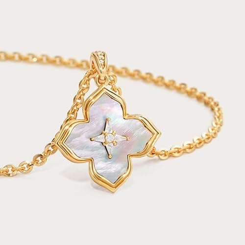 Fettero Necklaces for Women Gold Charm Necklace 2 Sided Lucky Clover Pendant 14K Gold Plated Chain Cross Mom Pearl Necklace for Women Jewelry - Thumbnail 5