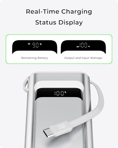 TALIX 10000mAh Portable Charger, 3-Port USB-C Power Bank, 100W Max Fast Charging Battery Pack with Built-in Cables for iPhone 17/16/15 Pro Max,iPad,Samsung Galaxy,Phone, TSA Approved Travel, Silver - Thumbnail 5