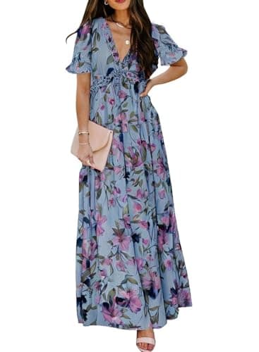BLENCOT Women's Casual Boho Floral Printed Deep V Neck Loose Short Sleeve Long Evening Dress Ruched Cocktail Party Maxi Wedding Dress Blue X-Large - Image 1