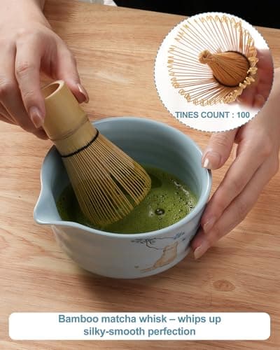 Matcha Whisk Set, Japanese Matcha Kit Set 7-Pcs with Matcha Bowl (Chawan), Matcha Whisk and Holder, Bamboo Scoop, Scoop Rest, Sifter and Tea Towel - Authentic Tea Ceremony Tools for Tea Lovers(Blue) - Thumbnail 4