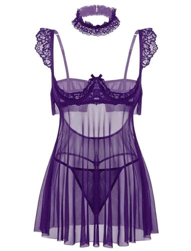 Avidlove Sexy Lingerie Dress for Women V Neck Push Up Lingerie Set Sheer Lace Negligee Chemise Purple M - Image 1
