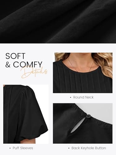 Funlingo Womens Blouses Summer Short Puff Sleeve Babydoll Tops for Women Casual Crew Neck Flowy Pleated Shirts Cute Clothes Black L - Thumbnail 5
