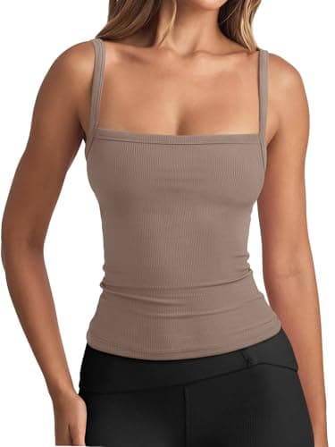 REORIA Women's Square Neck Tank Top Sleeveless Ribbed Basic Crop Tops Going Out Outfits Khaki Large - Image 1